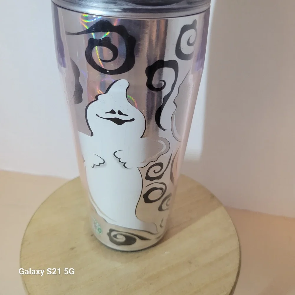 Starbucks 2004 Halloween Ghost Tumbler 16oz Holographic Silver Travel Mug BOO